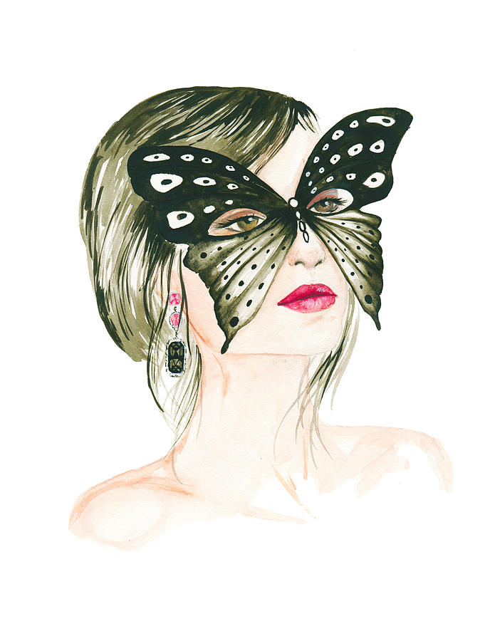 695x900 Butterfly Mask, Watercolor Fashion Illustration Painting By Koma Art - Watercolor Mask