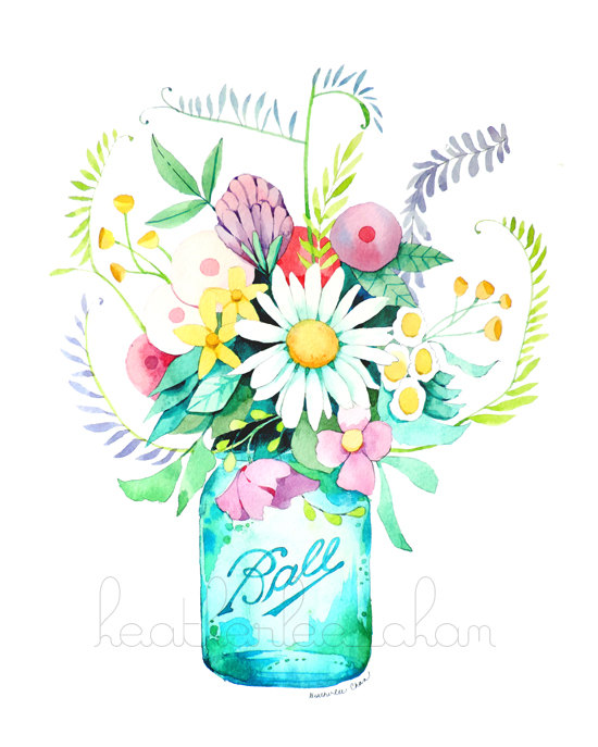 550x687 Mason Jar And Flowers Painting - Watercolor Mason Jar