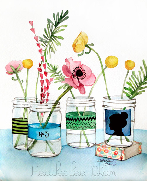 504x620 Watercolor Flower Painting Mason Jars Cameo Print 5x7 On Etsy - Watercolor Mason Jar