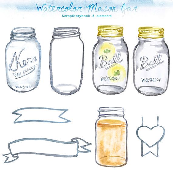 570x570 Watercolor Mason Jar Clipart Digital Printable By Scrapstorybook - Watercolor Mason Jar