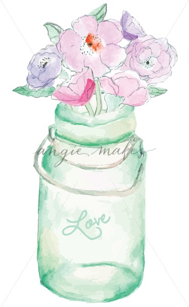 370x600 Watercolor Mason Jar With Flower Bouquet - Watercolor Mason Jar