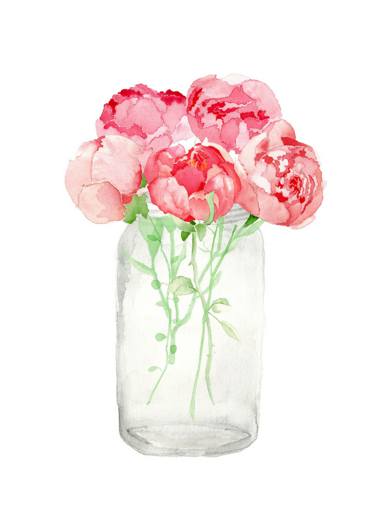 768x1056 Watercolor Pink Peonies In A Vintage Mason Jar Printable Emory - Watercolor Mason Jar