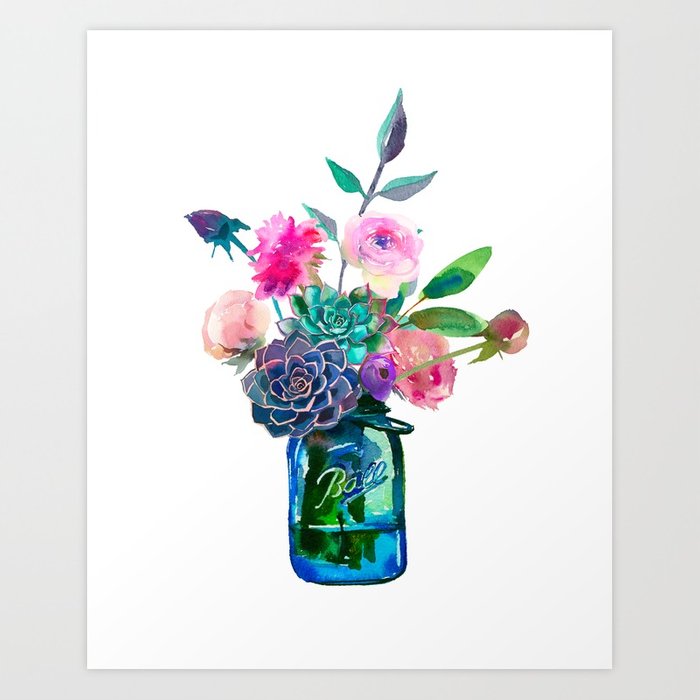 700x700 Watercolor Flowers In Mason Jar Art Print By Southpacificprints - Watercolor Mason Jar