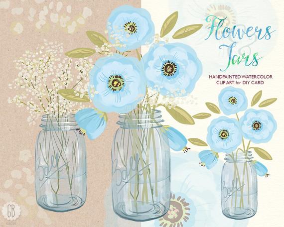 570x456 Watercolor Mason Jar Baby Breath Cream Blue Flowers Hand Etsy - Watercolor Mason Jar