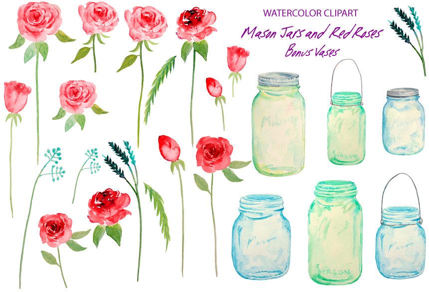860x585 Watercolor Mason Jars And Red Roses Printable, Instant Download - Watercolor Mason Jar
