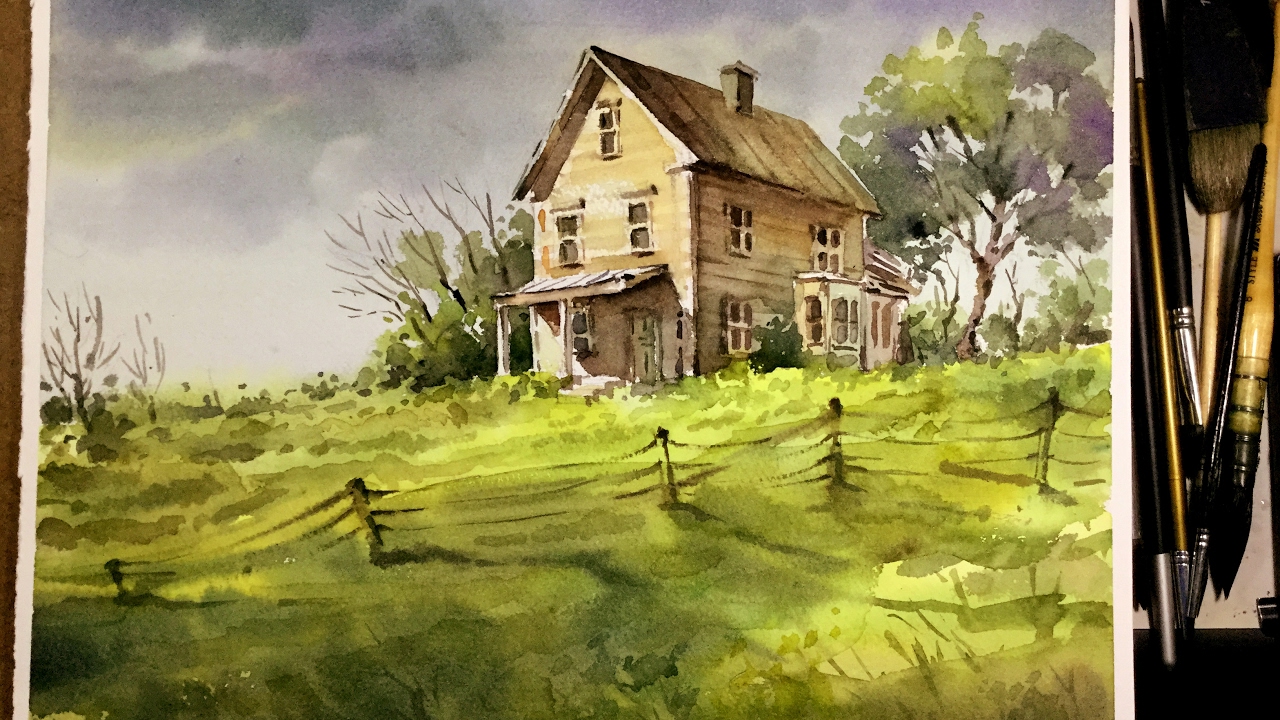 1280x720 Watercolor Landscape Painting Old Little House In The Meadow - Watercolor Meadow