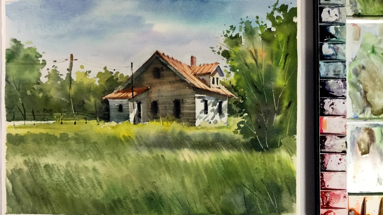 1280x720 Watercolor Landscape Painting Little House In The Meadow - Watercolor Meadow