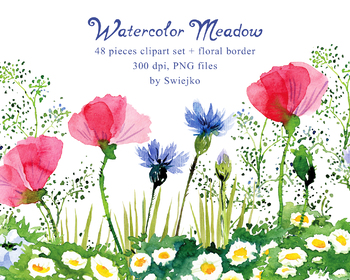 350x280 Watercolor Meadow, Flowers, Contry Style, Poppies, Cornflowers, Clover - Watercolor Meadow