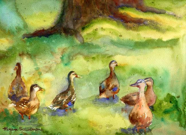 650x473 Duck Meadow, Animal Art, Watercolor Painting By Miriam Schulman - Watercolor Meadow
