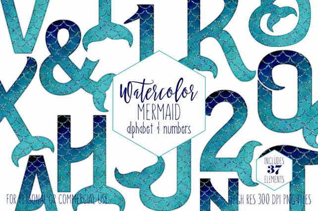 642x427 Watercolor Mermaid Tail Alphabet Clipart Ocean Girls Birthday Etsy - Watercolor Mermaid Tail