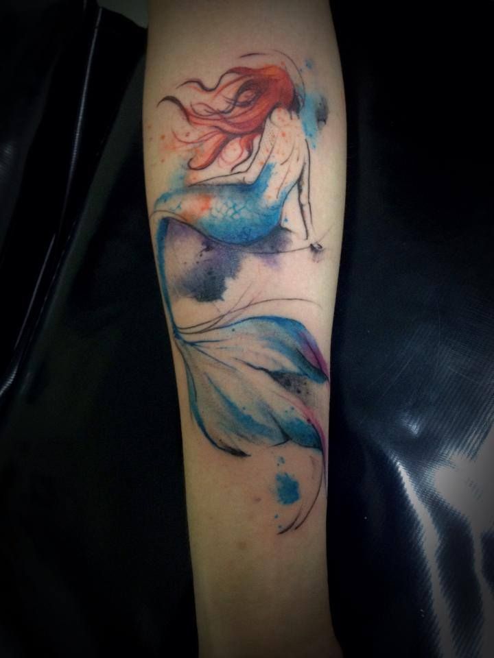 720x960 Lovely Watercolor Mermaid Tattoo On Leg - Watercolor Mermaid Tattoo
