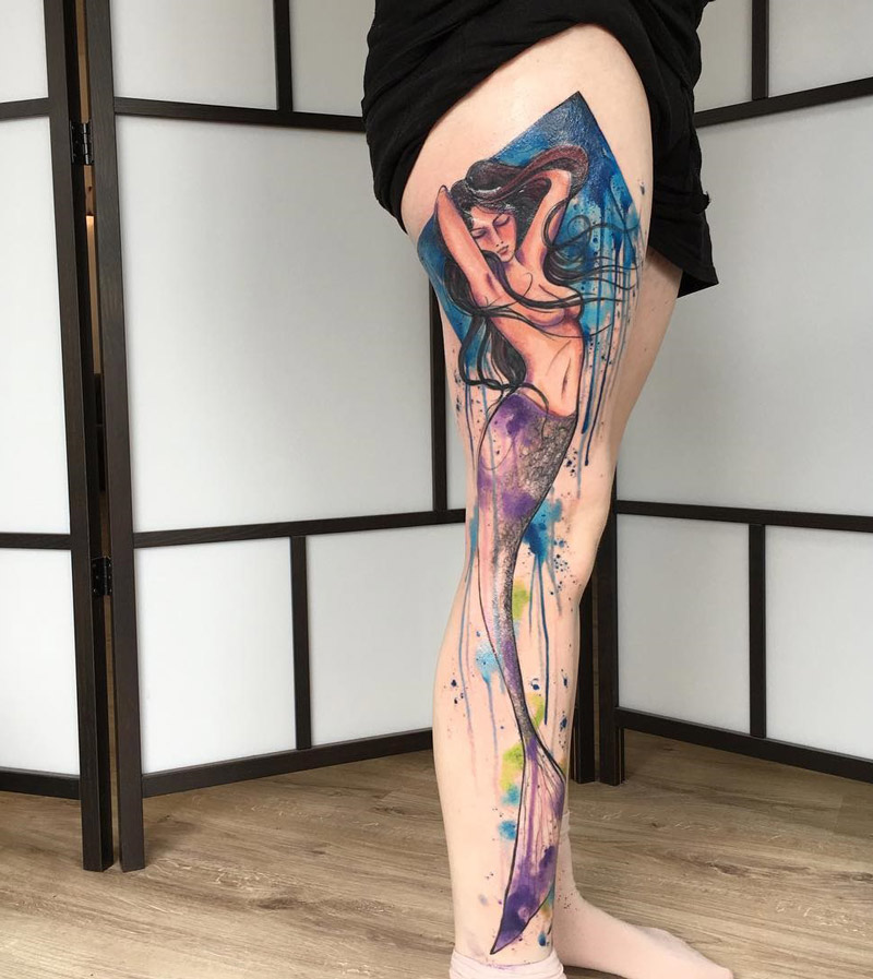 800x897 Mermaid Full Leg Watercolor Best Tattoo Design Ideas - Watercolor Mermaid Tattoo