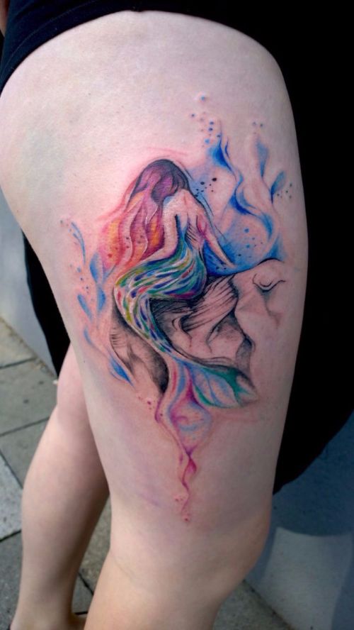 500x888 Watercolor Mermaid Tattoo On Girl Side Thigh - Watercolor Mermaid Tattoo