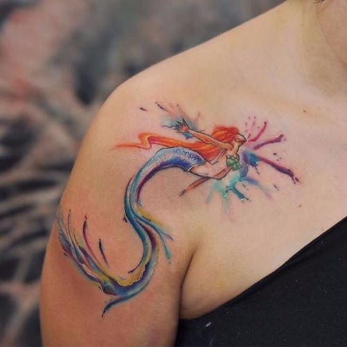 500x500 Cool Watercolor Mermaid Tattoo On Right Shoulder - Watercolor Mermaid Tattoo