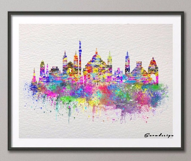 640x539 Original Watercolor Mexico Skyline Canvas Painting Modern Wall Art - Watercolor Mexico