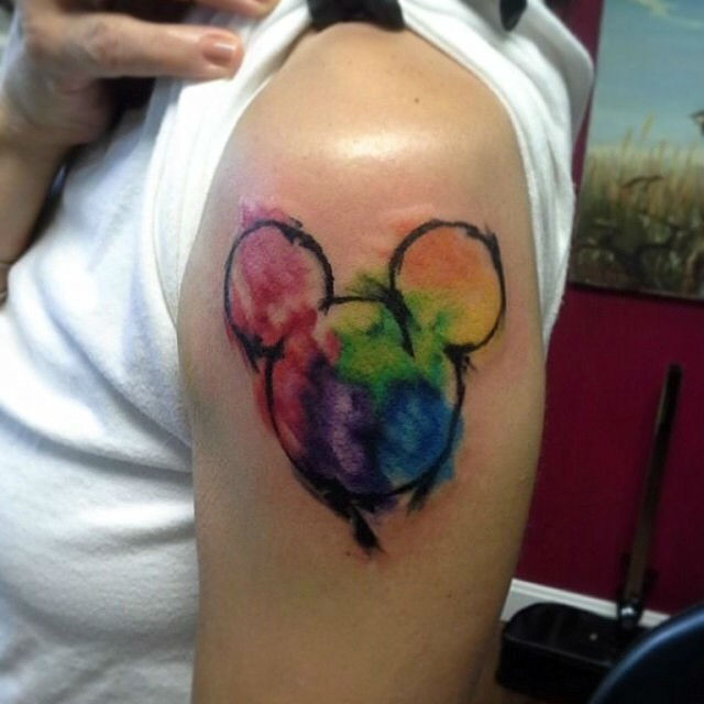 640x640 Watercolor Mickey Mouse Head Disney Tattoo On Left Shoulder - Watercolor Mickey Mouse