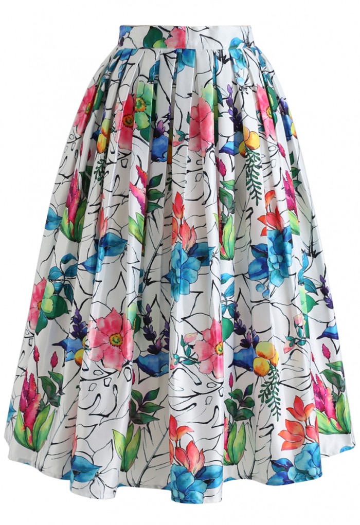 700x1021 Tropical Flower Watercolor Printed Midi Skirt - Watercolor Midi Skirt