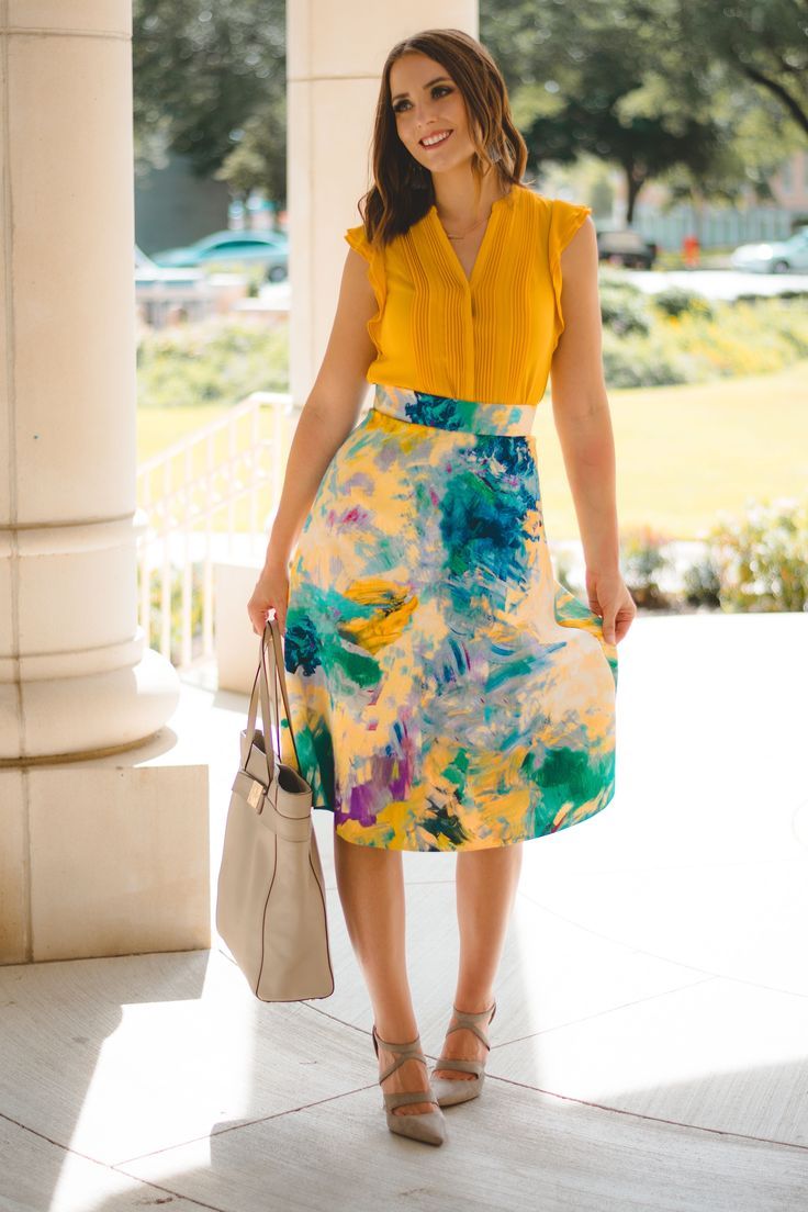 736x1104 Watercolor Midi Skirt With Mustard Top Business Causal - Watercolor Midi Skirt
