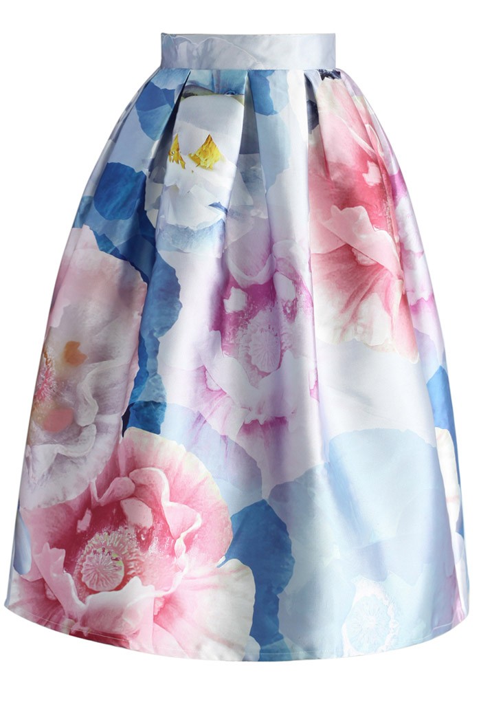 700x1021 Bloom In Watercolor Printed Midi Skirt - Watercolor Midi Skirt
