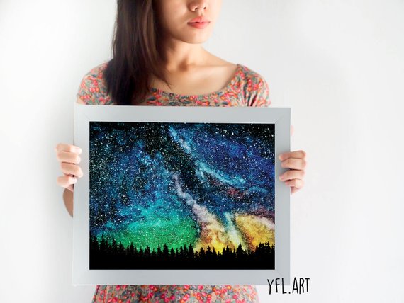 570x428 Milky Way Art Landscape Painting Watercolor Milky Way Etsy - Watercolor Milky Way