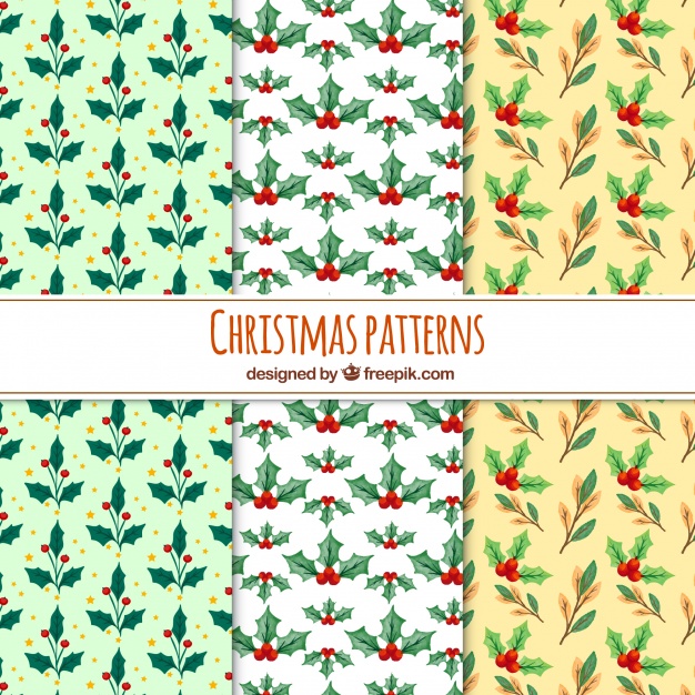 626x626 Set Of Christmas Patterns With Watercolor Mistletoe Vector Free - Watercolor Mistletoe