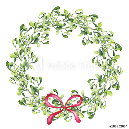 500x500 Wreath With Watercolor Mistletoe And Red Bow - Watercolor Mistletoe