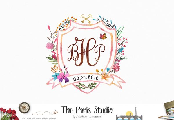 600x417 Watercolor Monogram Logo Design Custom Heraldry Crest Design By - Watercolor Monogram