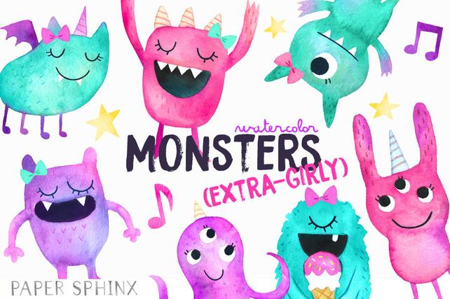 642x427 Watercolor Girly Monsters Clipart Girl Monster Birthday Etsy - Watercolor Monster