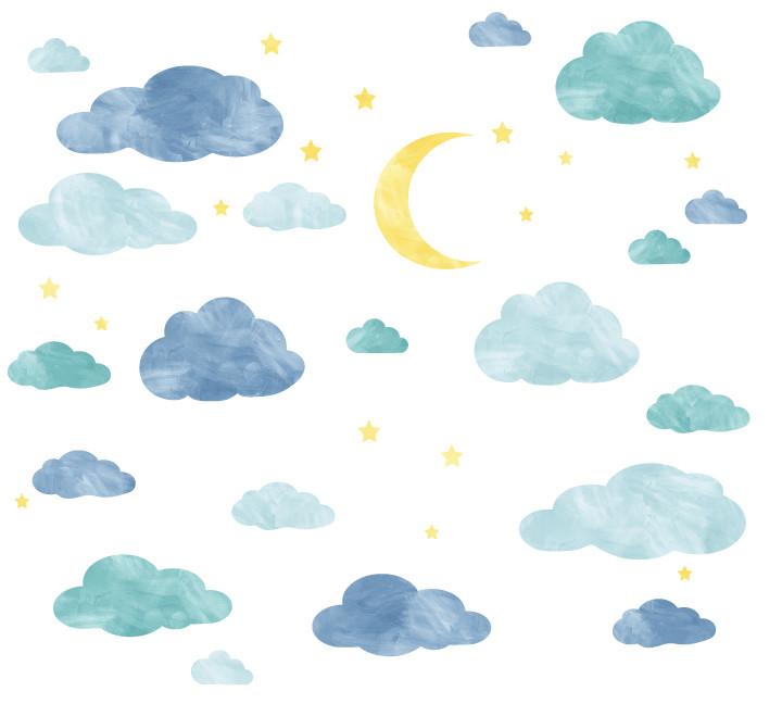 720x648 Cloud, Moon And Stars Watercolor Fabric Wall Decals Eco Wall Decals - Watercolor Moon