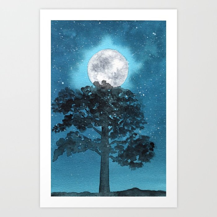700x700 Watercolor Moon And Tree Landscape Art Print By Kathryntmccardle - Watercolor Moon