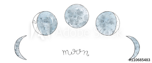 500x209 Watercolor Hand Drawn Art Sketch Of Moon Phases Lettering Moon - Watercolor Moon Phases
