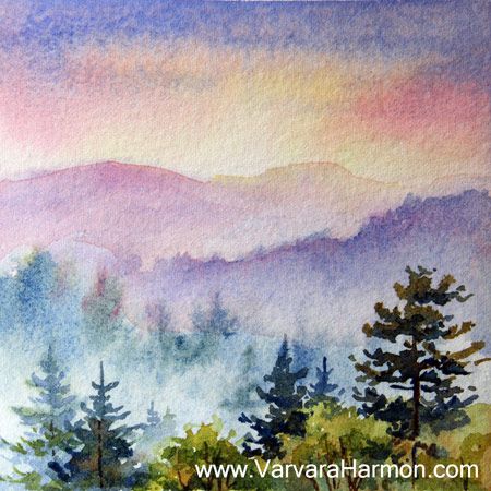 450x450 Mountain Sunset - Watercolor Mountain Landscape
