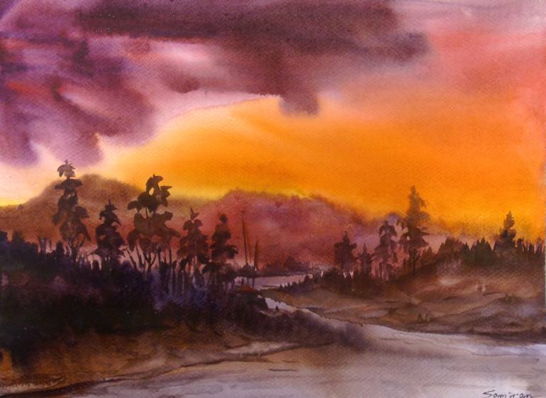 770x561 Sunset Mountain Landscape - Watercolor Mountain Landscape