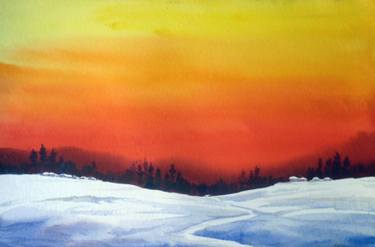 375x247 Sunset Amp Winter Snowy Mountain Landscape Watercolor On Paper - Watercolor Mountain Landscape