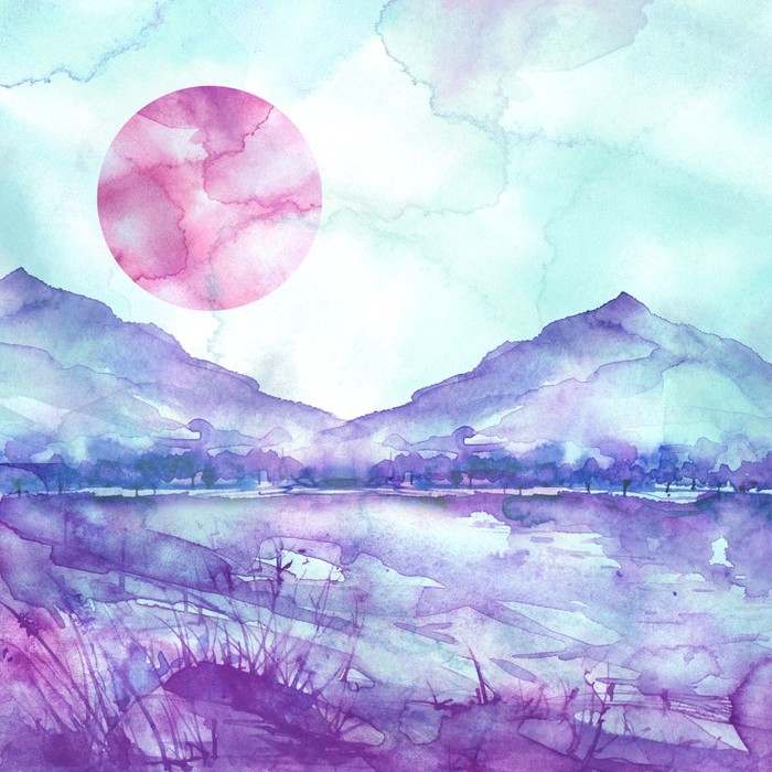 700x700 Watercolor Mountain Landscape, Blue, Purple Mountains, Peak - Watercolor Mountain Landscape
