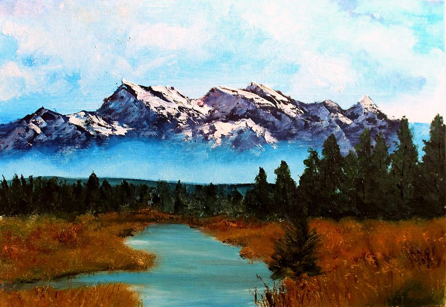 900x621 Misty Mountain Scene Painting By Rebecca Davis - Watercolor Mountain Scene