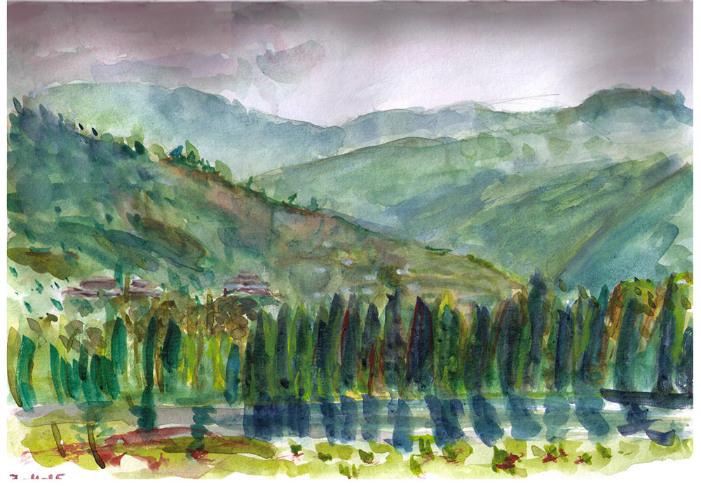 1000x694 Mountain Scene In Bhutan. Drawing In Ballpoint Pen And India Ink - Watercolor Mountain Scene