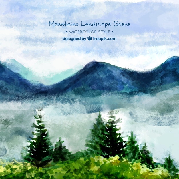 626x626 Watercolor Landscape Background With Mountains And Pines Vector - Watercolor Mountain Scene