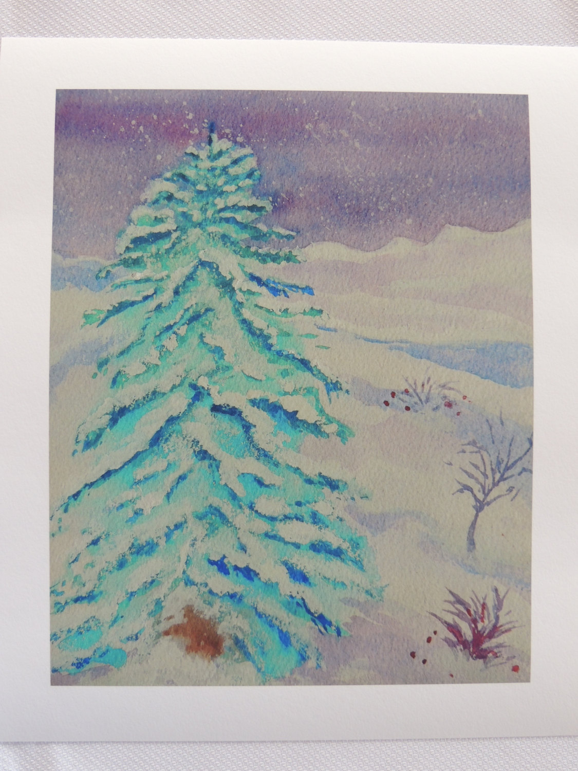 1125x1500 Watercolor Print Lone Spruce Tree In The Snow 8x10 Snow Mountain Scene - Watercolor Mountain Scene