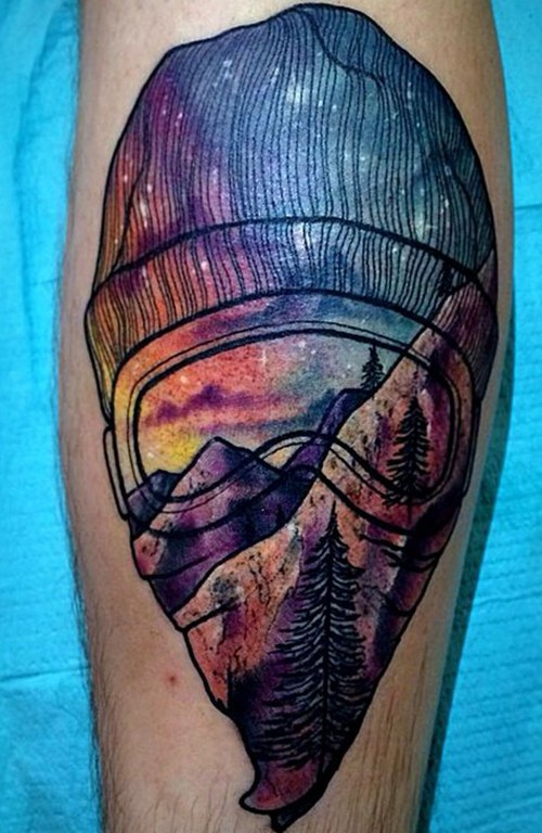 500x768 Cool Watercolor Mountain Tattoo On Leg - Watercolor Mountain Tattoo