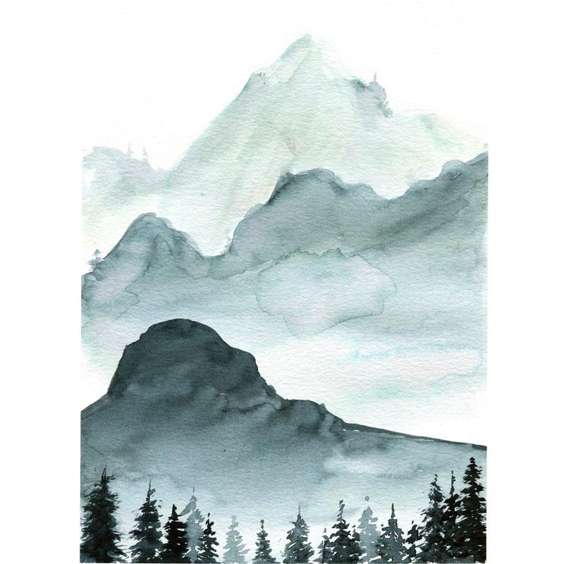 800x800 Monochromatic Mountainscape With Watercolor - Watercolor Mountains