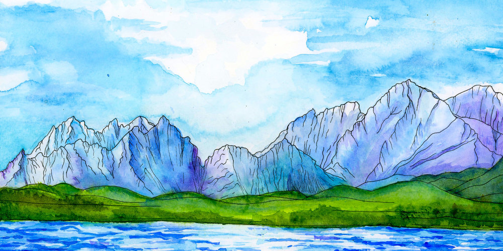 1000x500 Sawtooth Mountains Watercolor Print Idaho Adventures Art - Watercolor Mountains