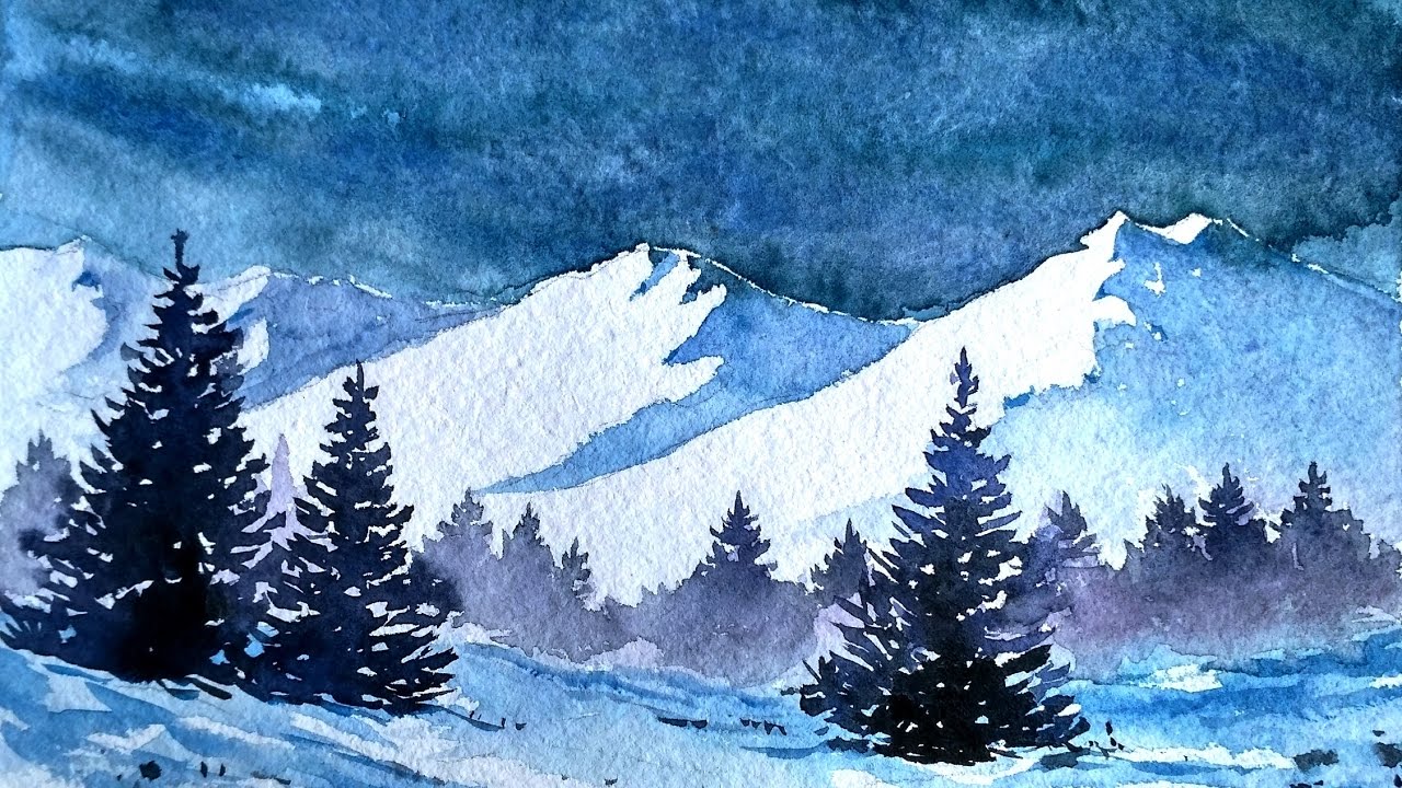 1280x720 Snowy Blue Mountains With Watercolor Paint With David - Watercolor Mountains