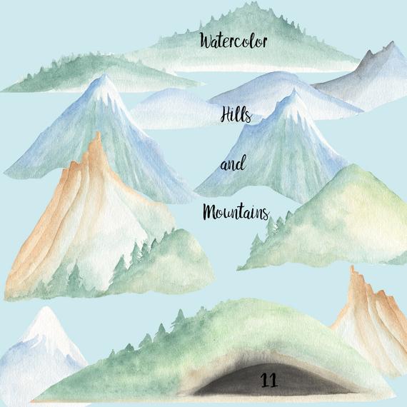 570x570 Watercolor Mountains And Hills Clip Art Woodland Hills Snow Etsy - Watercolor Mountains