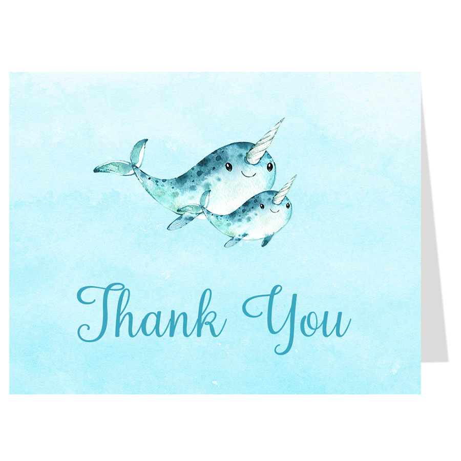 900x900 Watercolor Narwhal Blue Thank You Card The Invite Lady - Watercolor Narwhal