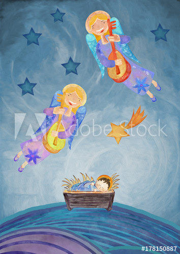 354x500 Nativity Scene. Watercolor On Canvas - Watercolor Nativity Scene