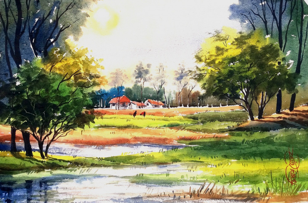 1000x658 Nature, Painting By Chinmoy Ghorai Landscape Artwork On - Watercolor Nature