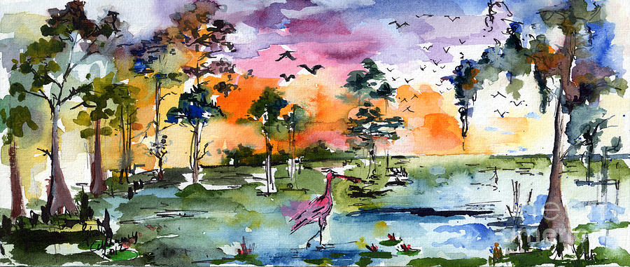 900x381 Watercolor Landscape Wetland Nature With Spoonbill Painting By - Watercolor Nature