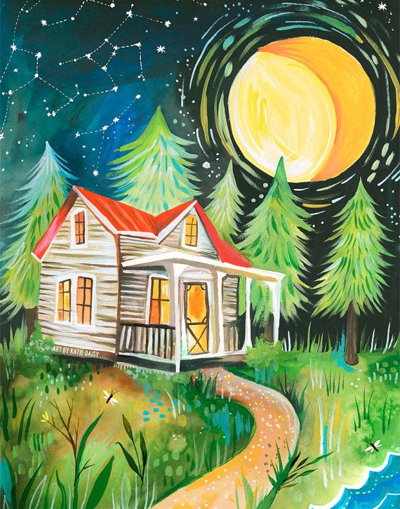 570x725 Night Cabin Art Print Rustic Wall Art Nature Scene Katie - Watercolor Nature Scene