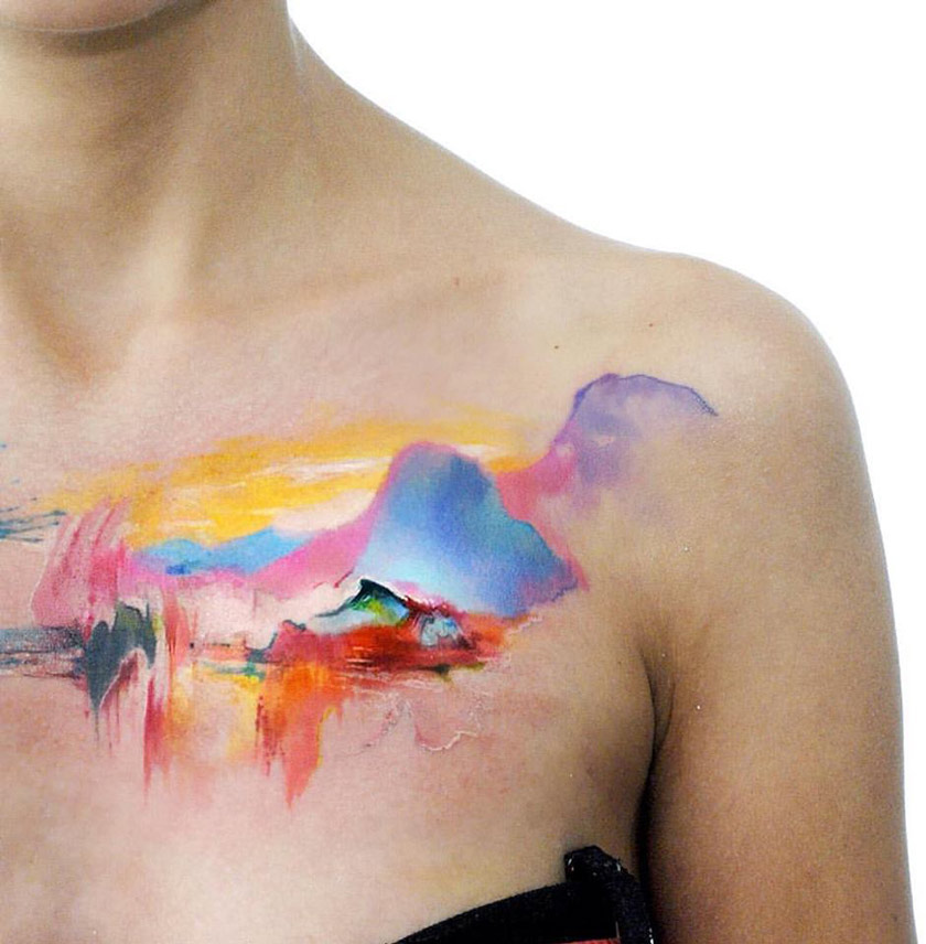 840x856 Watercolor Mountains On Girls Chest Best Tattoo Design Ideas - Watercolor Nature Scene